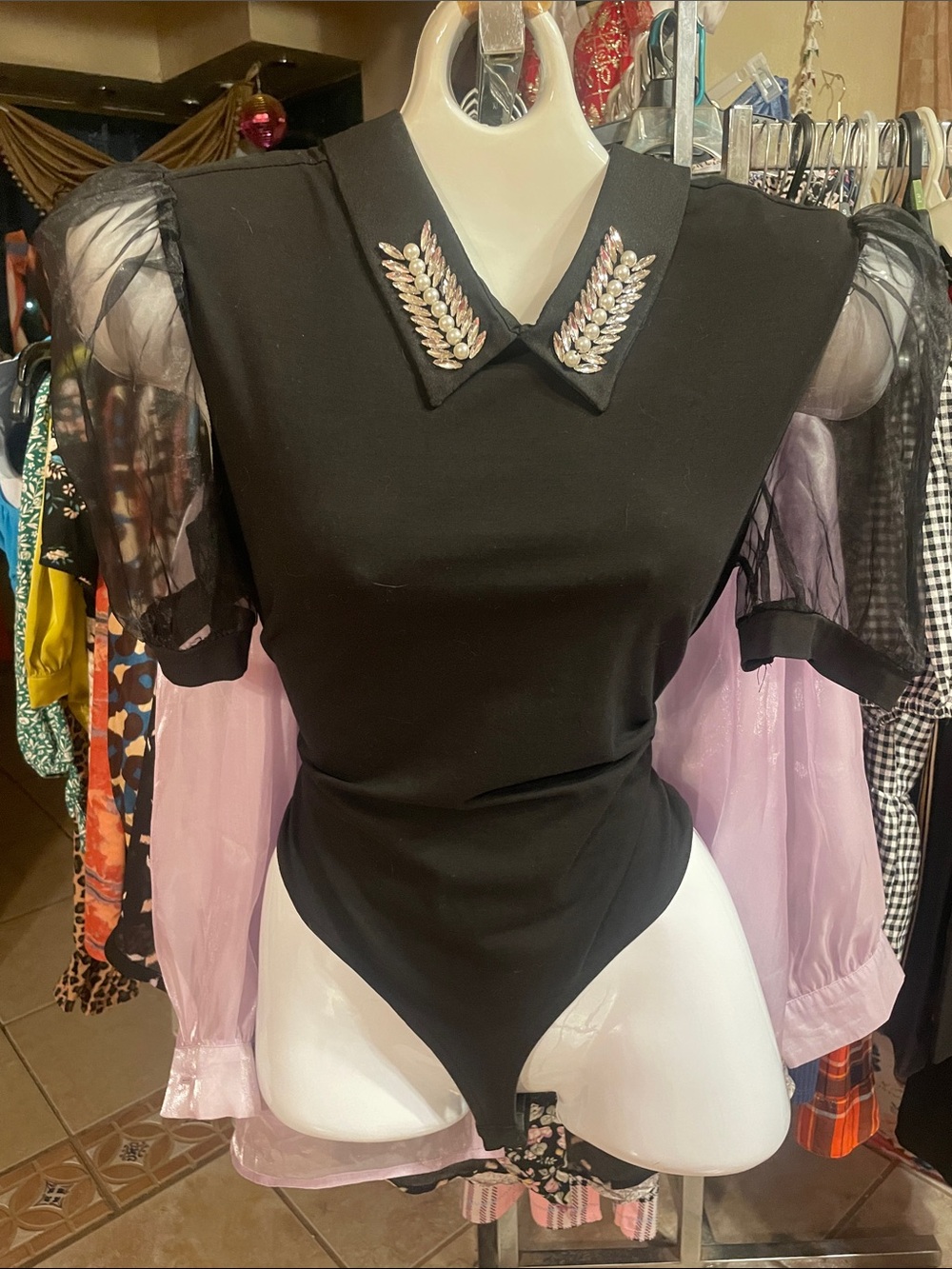 Embellished-Collar Black Puff Sleeve Bodysuit